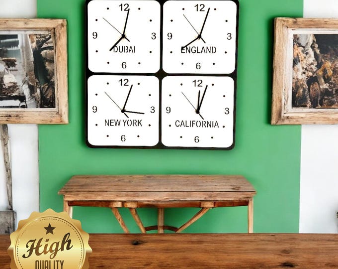 Custom Four Time Zone Clock: Personalized Family & Business Decor