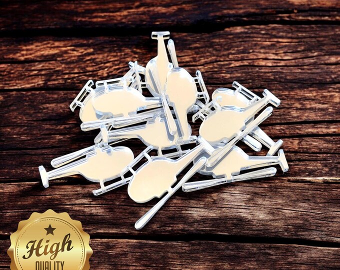 Helicopter Shaped Crafting Mirrors, Custom Colours, Woods, Sizes, Shapes, (Holes for Jewellery or hoops for invites) Packs of 10