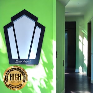Art Deco Pentagon Shaped Mirrors with a Colour Frame of your choice & Hooks, Bespoke Shapes Made (Engraving Services)