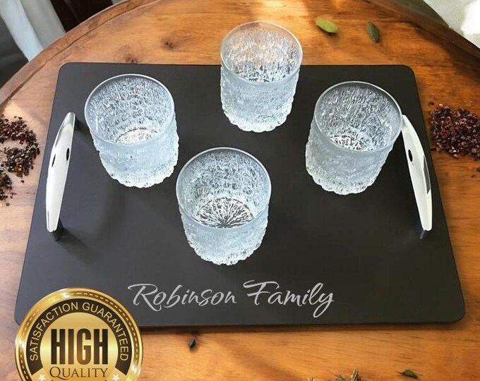 Modern Rectangle Serving Trays with Chrome Handles, Custom Colours & Engraving Options - Acrylic, Wood Veneers, Non-Slip Feet - Bespoke