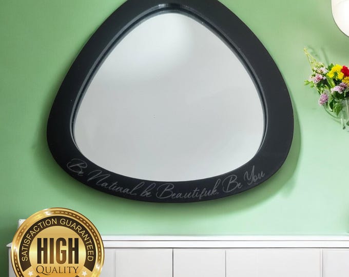 Custom Coloured Triangular Pebble Shaped Mirrors with Wood Frames & Engraving Services - Bespoke Sizes Available