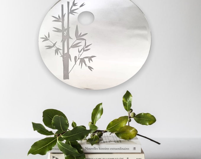 Round Engraved Bamboo and Sun Shaped Mirrors with White Backing & Hooks, Bespoke Engravings Made