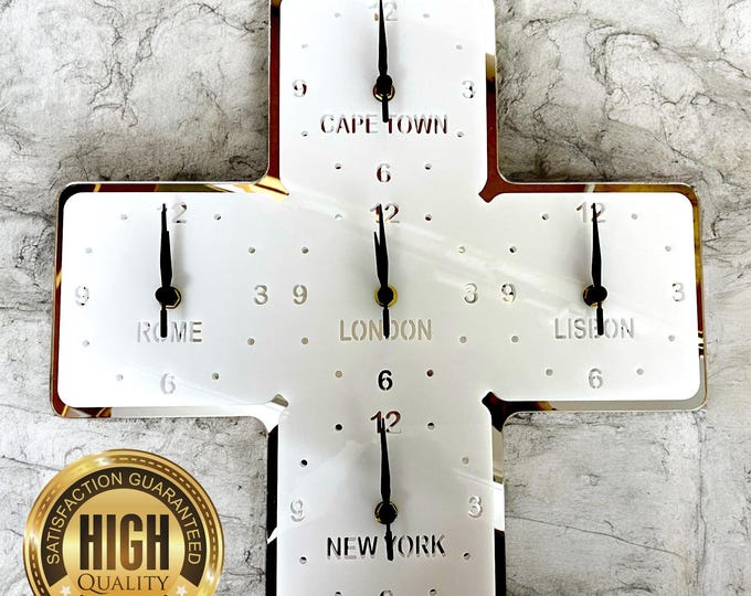 Custom Personalised Multi Time Zone Clocks - Silent Sweep Movement, Recycled Acrylic or Wooden Veneer, Desk Stand Included