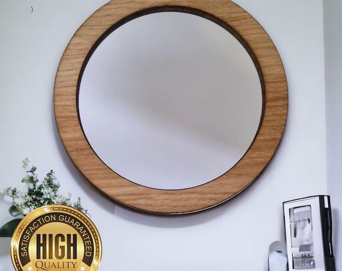 Round Wooden Framed Mirrors, Choice of Oak, Walnut or Cherry, Hooks included, Custom Sizes Shapes Colours Made