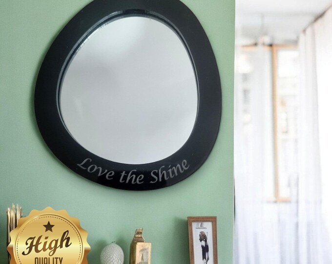 Round Pebble Mirror with Wood Frame & Hooks - Bespoke Shapes