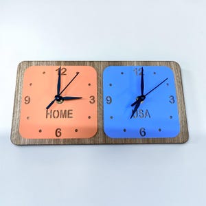 Reloj a medida de dos o tres zonas horarias: cuarzo silencioso de acrílico, colores personalizados.