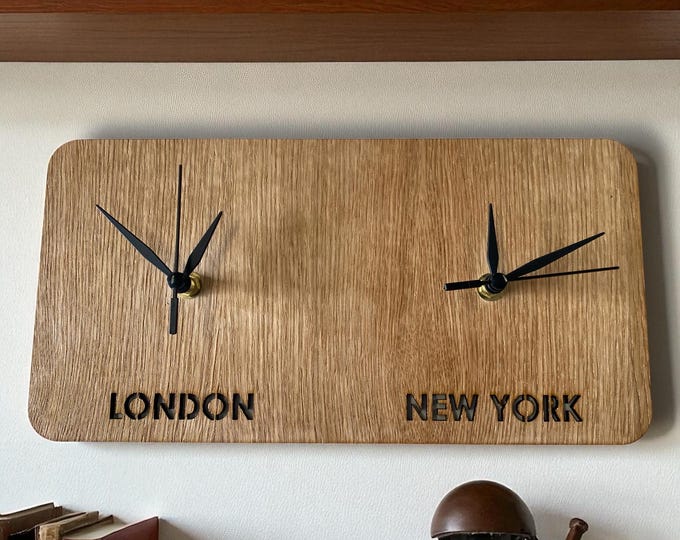 Custom Two Time Zone Clock: Personalized Wood Veneer Desk or Wall Clock