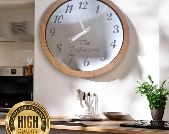 Wood & Mirror Round Numbered Circle Clocks - Silent Sweep Movement, Custom Wood Finish Colours, Bespoke Shapes / Sizes Made