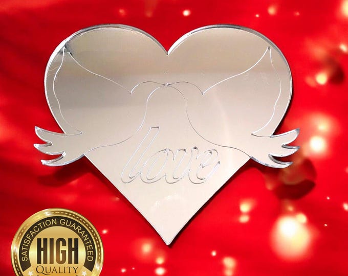 Heart & Doves Love Mirrors, Custom Colours, Sizes, Shapes, Engraving Services, Sizes up to 40cm