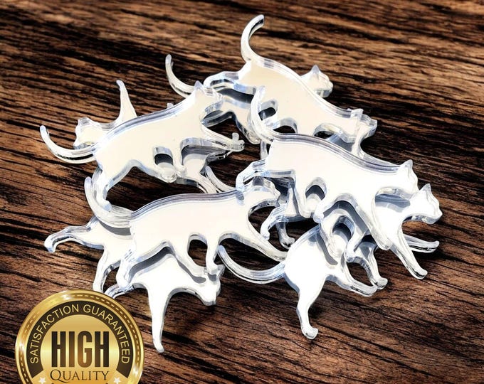Cat Prowling Shaped Crafting Mirrors, Custom Colours, Woods, Sizes, Shapes, (Holes for Jewellery or hoops for invites) Packs of 10
