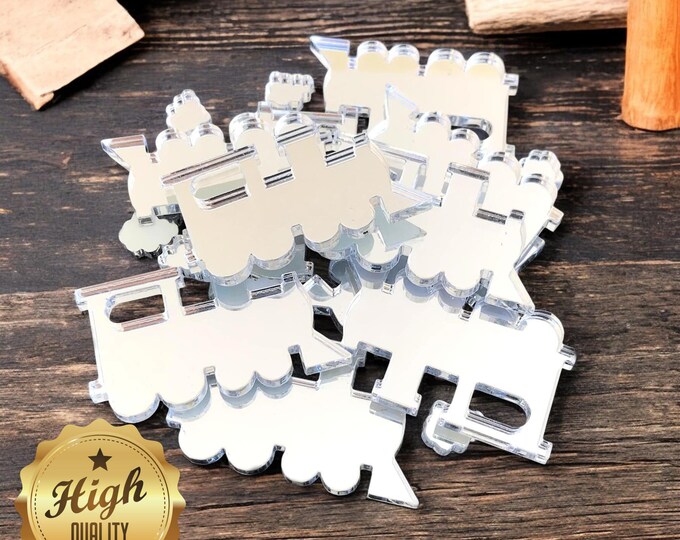 Train Shaped Crafting Mirrors, Custom Colours, Woods, Sizes, Shapes, (Holes for Jewellery or hoops for invites) Packs of 10