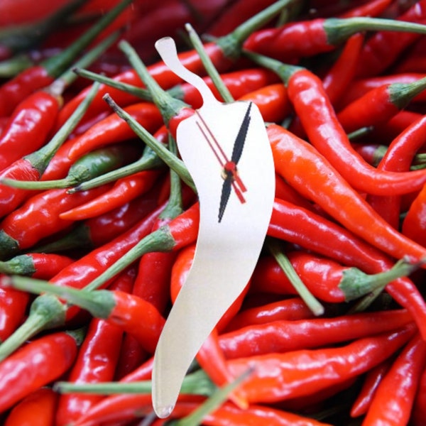 Chilli Pepper Shaped Clocks - Many colour mirrors and solid colour choices, Personalised Engraving and Bespoke Shapes & Sizes Made