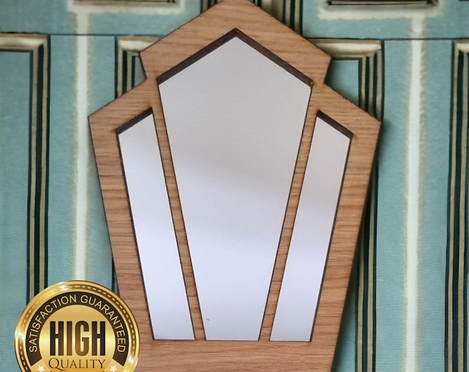Pentagon Fan Art Deco Wooden Mirrors, Choice of Oak, Walnut or Cherry, Hooks included, Custom Sizes Shapes Colours Made