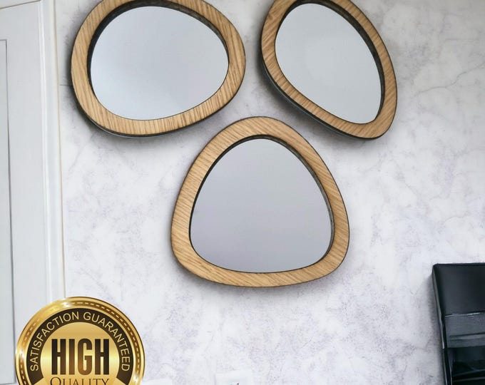 Group of Three Pebble Wooden Framed Mirrors, Choice of Oak, Walnut or Cherry, Hooks included, Custom Sizes Shapes Colours Made