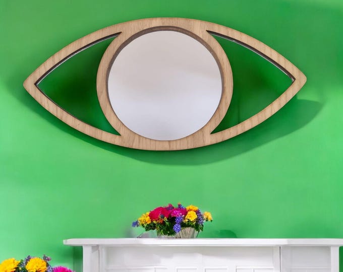 Eye Shaped Wooden Mirror: Oak, Walnut, or Cherry Veneer