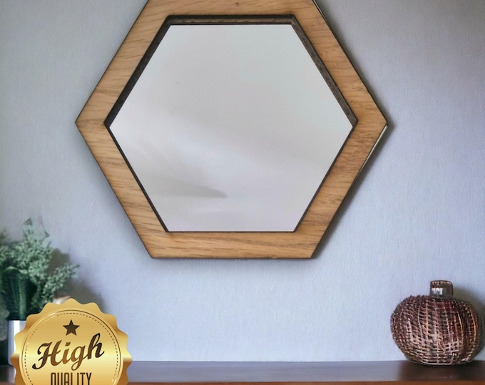 Hexagon Wooden Framed Mirror: Oak, Walnut, or Cherry
