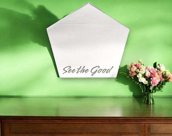 Pentagon Shaped Mirrors with a White Backing Frame & Hooks, Bespoke Shapes Made, Engraved or Plain