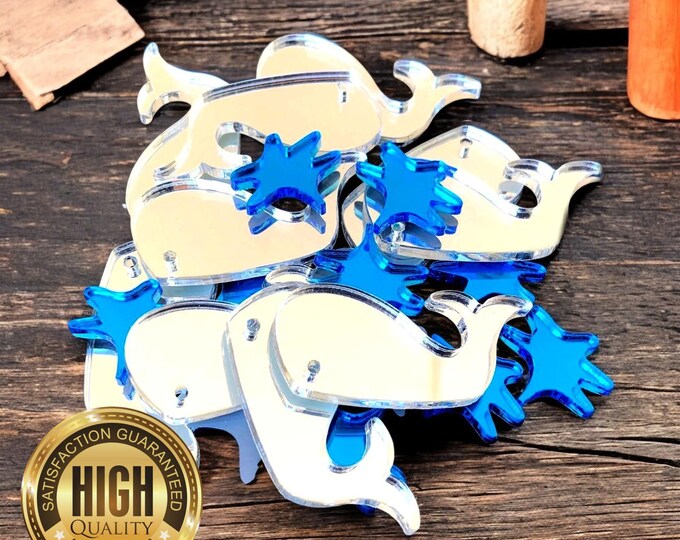 Whale Shaped Crafting Mirrors, Custom Colours, Woods, Sizes, Shapes, (Holes for Jewellery or hoops for invites) Packs of 10