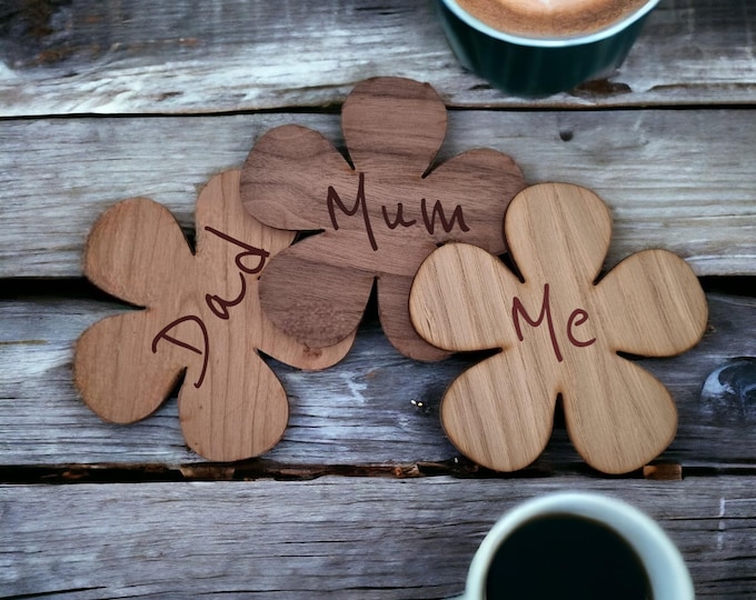 Daisy Wooden Coasters: Engraved Wood Finish, Sets of 4, 6 or 8