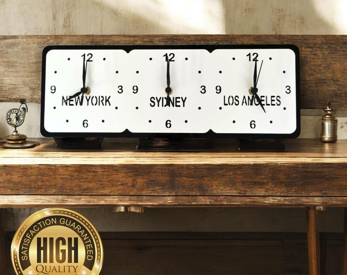 Custom Three Time Zone Clocks (Your family or freinds names or places) - Custom Colours, Sizes, Shapes, Wood finishes