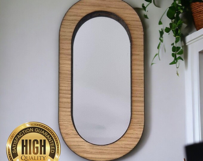 Pill Shaped Wooden Framed Mirrors, Choice of Oak, Walnut or Cherry, Hooks included, Custom Sizes Shapes Colours Made