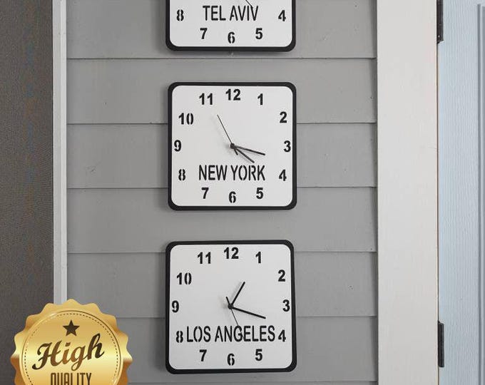 Custom Square Time Zone Clocks, Bespoke Colors, Shapes & Names