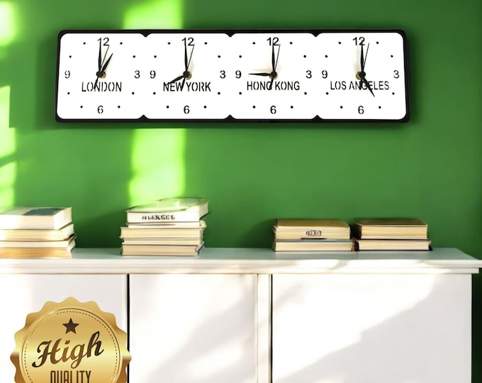 Custom Four Time Zone (Family, Friends or Place Names) Clocks - Custom Colours, Sizes, Shapes, Wood Finishes