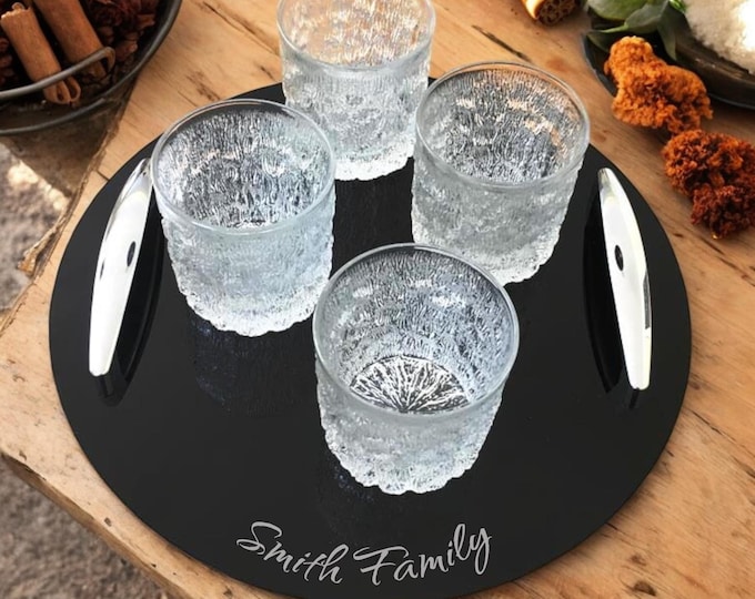 Round Serving Trays with Chrome Handles, Custom Colours, Woods & Sizes, Engraved or Plain