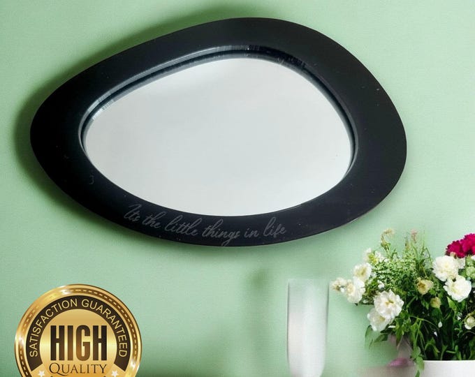 Long Pebble Shaped Mirrors with a Colour or Wood Frame of your choice & Hooks, Bespoke Shapes Made (Engraving Services)