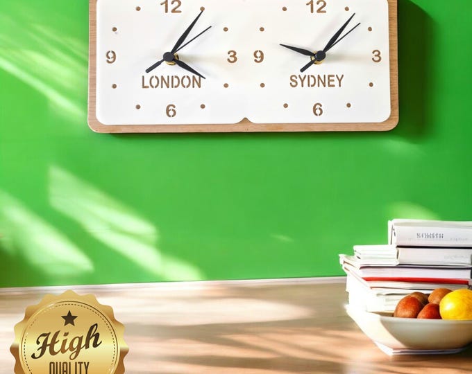 Bespoke Square TWO or THREE Time Zone Clocks, Vertical or Horizontal - Colour Wood Finishes, Bespoke Shapes & Sizes up to 40cm