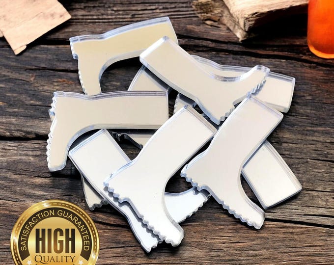 Wellies Boot Shaped Crafting Mirrors, Custom Colours, Woods, Sizes, Shapes, (Holes for Jewellery or hoops for invites) Packs of 10