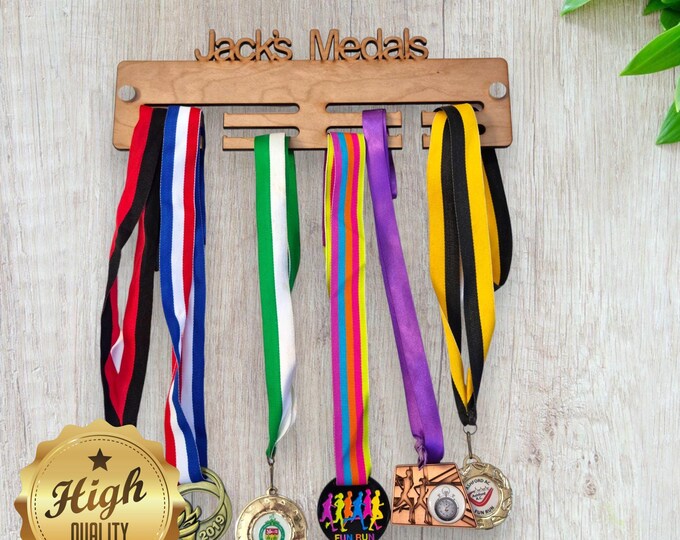 Wooden Customised Name Medal Hangers, With Customised Name, Sport, Colours & Woods, Includes all Fixings, Large Sizes Made
