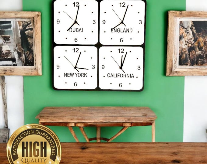 Squares on Square Four Time Zone Clocks - Friend or Family Names or Places, Custom Colours, Woods, Shapes & Sizes Made