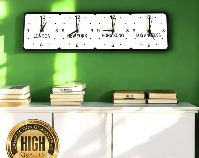 Custom Four Time Zone (Family, Friends or Place Names) Clocks - Custom Colours, Sizes, Shapes, Wood Finishes