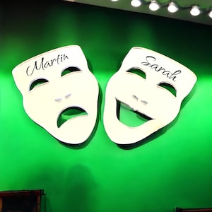 Pair of Comedy & Tragedy, Janus Mask Mirrors - Custom Colours, Sizes, Shapes, Engraving Services, Sizes up to 40cm