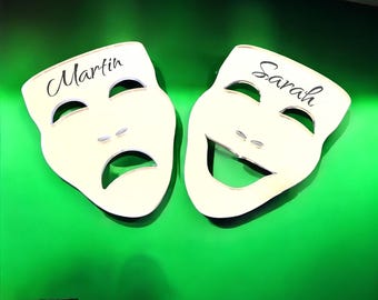 Pair of Comedy & Tragedy, Janus Mask Mirrors - Custom Colours, Sizes, Shapes, Engraving Services, Sizes up to 40cm