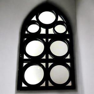 Gothic Arch Circle Design Black Framed Garden Mirrors, large sizes up to 80cm, Engraving Services (Indoor & Outdoor Use)
