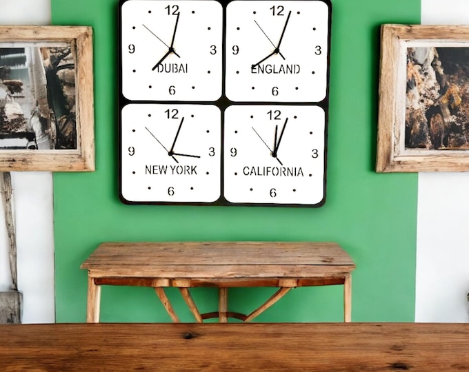 Custom Four Time Zone Clock: Personalized Family & Business Decor