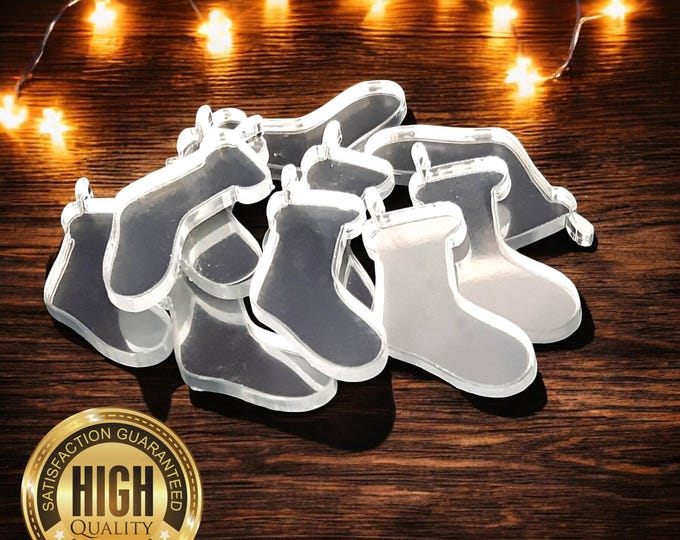 Christmas Stocking Shaped Crafting Mirrors, Custom Colours, Woods, Sizes, Shapes, (Holes for Jewellery or hoops for invites) Packs of 10