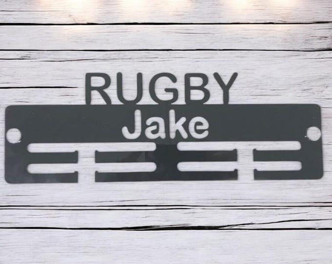 Personalized Rugby Medal Hanger: Custom Name, Sport Colors