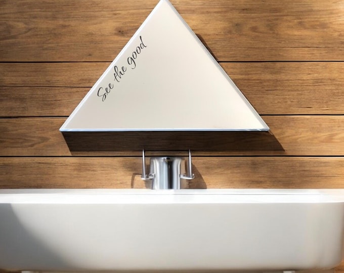 Triangular Shaped Mirrors with White Backing & Hooks, Bespoke Shapes Made, Engaving Services