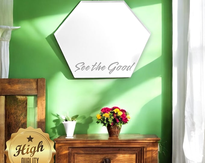 Hexagon Shaped Mirrors with White Backing & Hooks, Bespoke Shapes, Sizes Made, Engraving Services