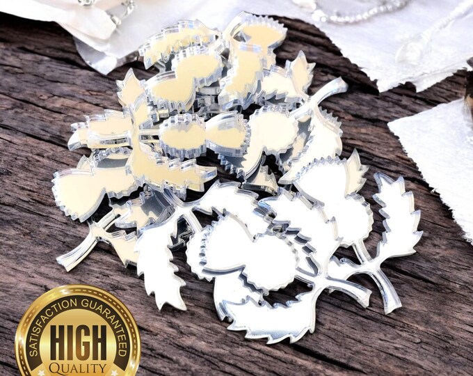 Scottish Thistle Shaped Crafting Mirrors, Custom Colours, Woods, Sizes, Shapes, (Holes for Jewellery or hoops for invites) Packs of 10