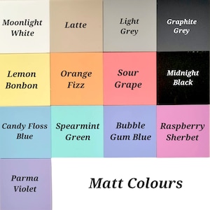 May include: A collection of square color swatches in various shades, including Moonlight White, Lemon Bonbon, and Candy Floss Blue. The text "Matt Colours" is displayed below the swatches.