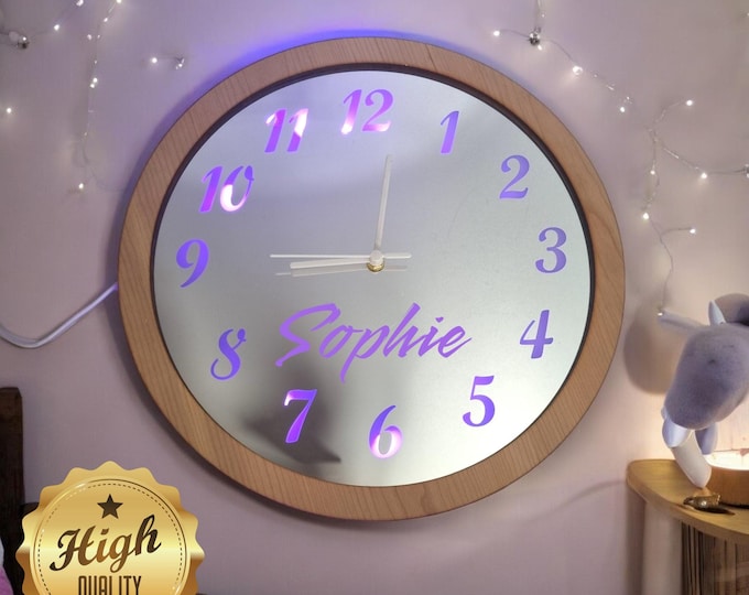 Mirrored Round Numbered Clocks With Wooden Frames - Custom Wood Finish Colours, Shapes & Sizes Made, Engraving Services