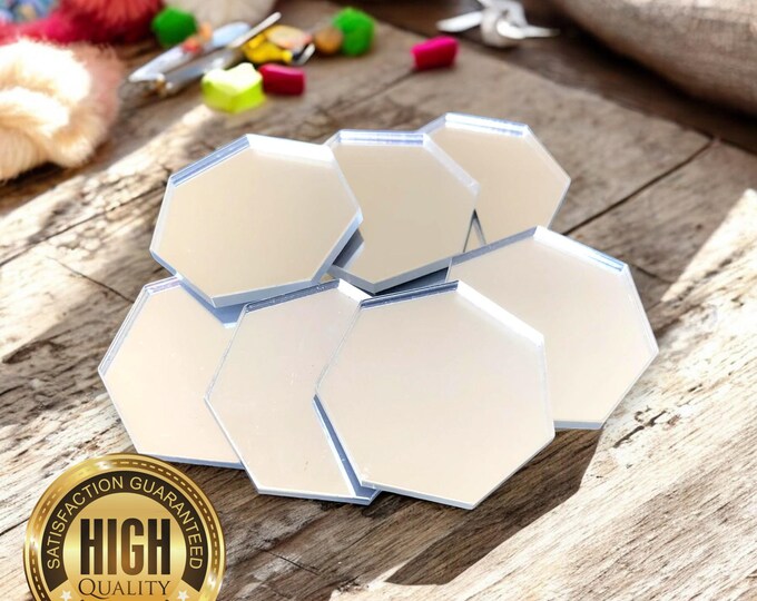 Heptagon Shaped Crafting Mirrors, Custom Colours, Woods, Sizes, Shapes, (Holes for Jewellery or hoops for invites) Packs of 10
