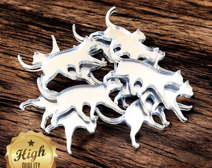 Cat Prowling Shaped Crafting Mirrors, Custom Colours, Woods, Sizes, Shapes, (Holes for Jewellery or hoops for invites) Packs of 10