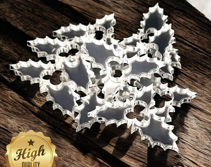 Christmas Holly Shaped Crafting Mirrors, Custom Colours, Woods, Sizes, Shapes, (Holes for Jewellery or hoops for invites) Packs of 10