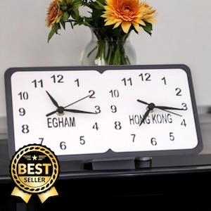 Custom Two Time Zone Clock: Personalized Desk or Wall Clocks, sizes, colours, family names