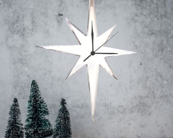 Star Shaped Clocks - Many colour mirrors and solid colour choices, Personalised Engraving and Bespoke Shapes & Sizes Made